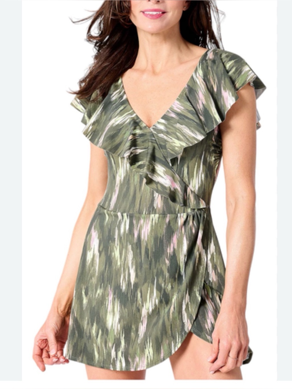 d&co. Beach Women's Abstract Print Bathing suit Swim Dress Cover-Up Ruffles 16